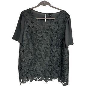 Ann Taylor Women's XL Charcoal Gray Lace Front Butterfly Blouse  Short Sleeve